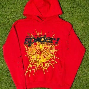 Unbranded Red Crewneck Sweatshirt with Yellow Spider Web Graphic